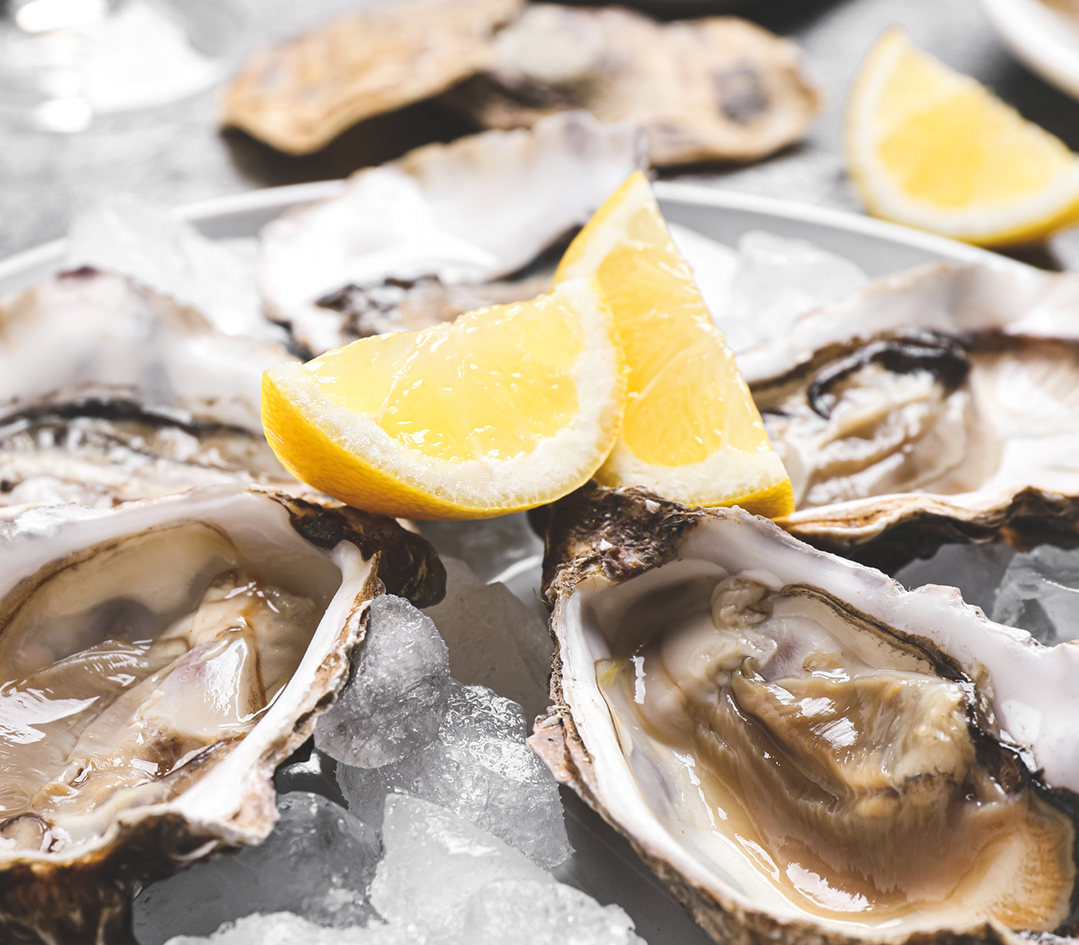Raw oysters on ice with lemon